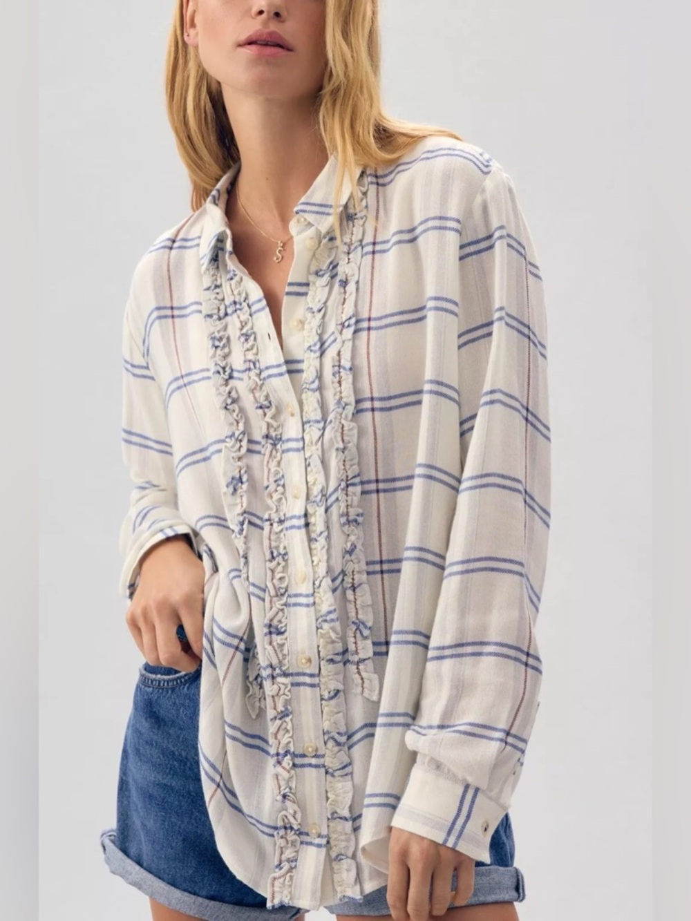 Pilcro | Ivory Tuxedo Ruffle Button Down Shirt | Medium